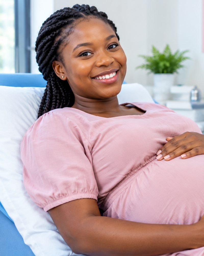 A smiling expectant mother resting in a hospital bed