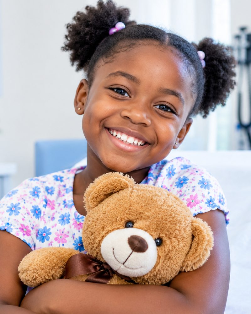 A smiling girl holding a teddy bear