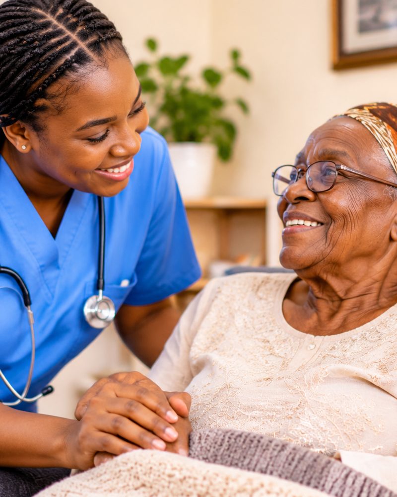 A nurse caring for a smiling older woman
