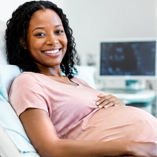 A smiling pregnant woman during her antenatal visit