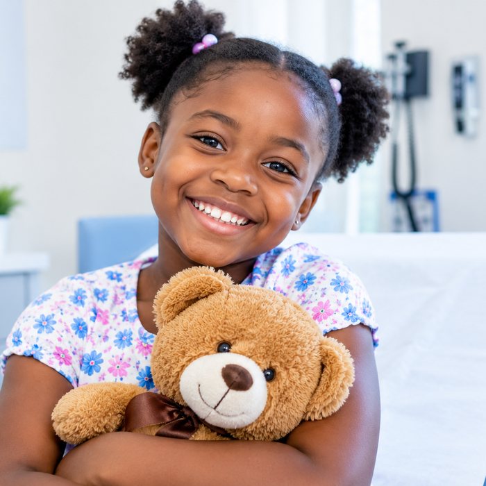 A smiling girl holding her teddy bear